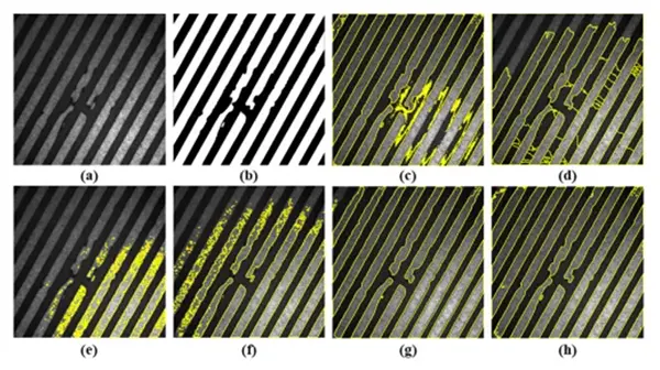 Fig. 4 Defect location results using various image segmentation algorithms. (a) False color image, (b) ground-truth map and image segmentation results of(c) maximum entropy, (d) watershed, (e) basic global thresholding, (f) Otsu, (g) triangle, and (h) proposed.