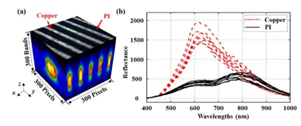 Fig. 2 Patch of HSIs from FPCB samples. (a) 3 D visualization of a patch of HSIs and (b) spectral curves of copperl and PI