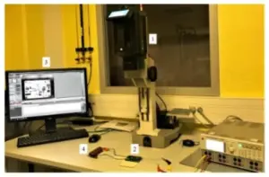 Fig.2. Figure showing the test bench ,1the IR camera,2BUT,3computer station controlling the camera and the data acquisition,410Ω load.