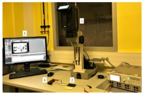 Fig.2. Figure showing the test bench ,1the IR camera,2BUT,3computer station controlling the camera and the data acquisition,410Ω load.