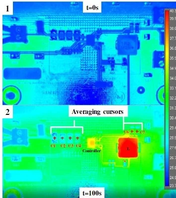 Fig.5. IRT image of the BUT,1cold state,no power;2operating state,100s of operation.
